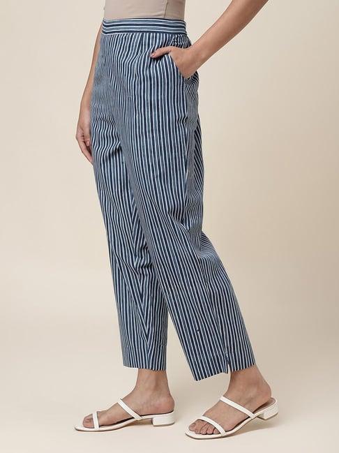 fabindia blue cotton striped pants