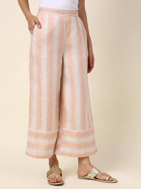 fabindia white & pink linen striped culottes