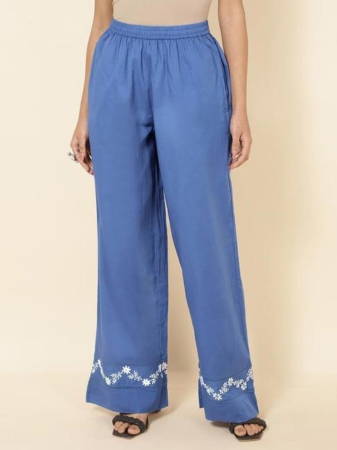 fabindia blue cotton embroidered palazzos