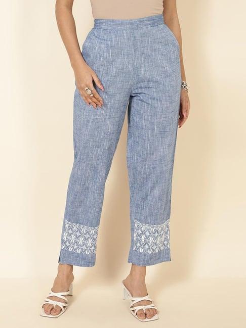 fabindia grey cotton embroidered pants