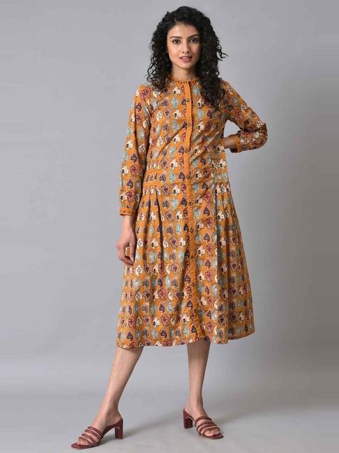 w mustard cotton printed a-line dress