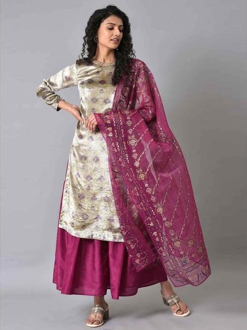 wishful by w beige & purple printed kurta palazzo set with dupatta