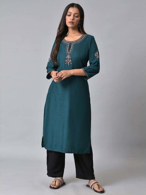 w blue & black embroidered kurta palazzo set