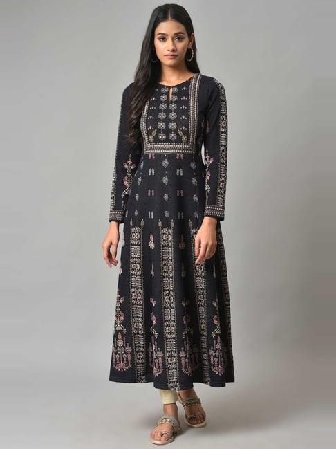 w blue printed flared kurta