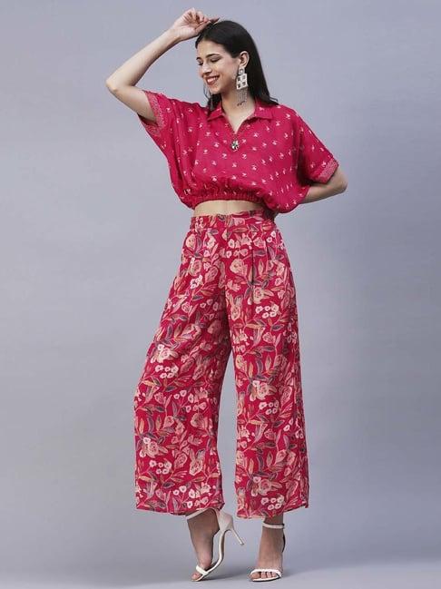 fashor fuchsia pink floral print crop top palazzo set