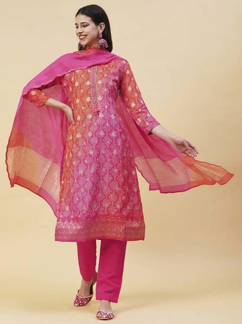 fashor pink printed kurta pant set with dupatta