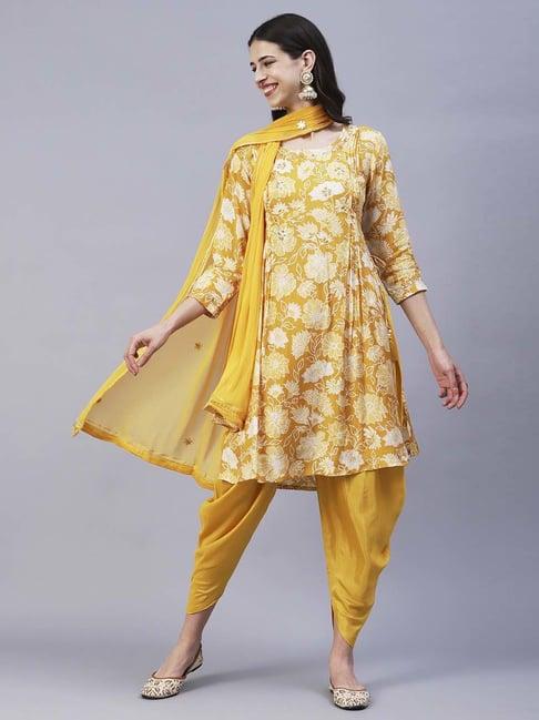 fashor mustard embellished kurti dhoti pant set with dupatta