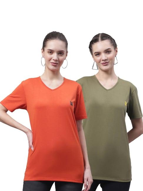 vimal jonney orange & olive green cotton logo t-shirt - pack of 2