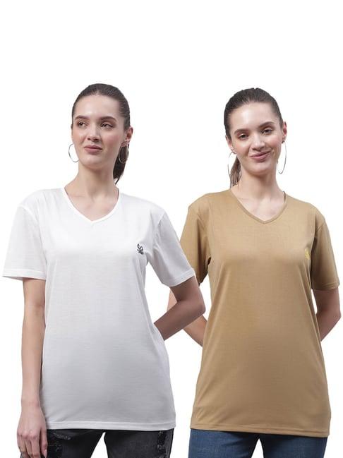 vimal jonney white & beige cotton logo t-shirt - pack of 2