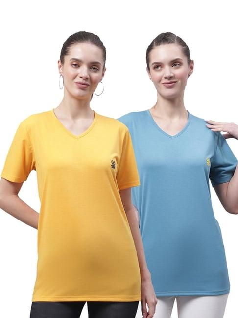 vimal jonney yellow & blue cotton logo t-shirt - pack of 2