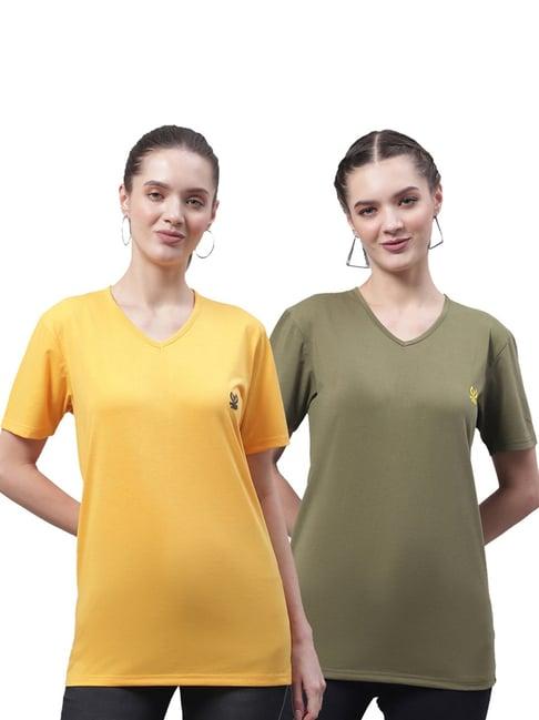 vimal jonney yellow & olive green cotton logo t-shirt - pack of 2