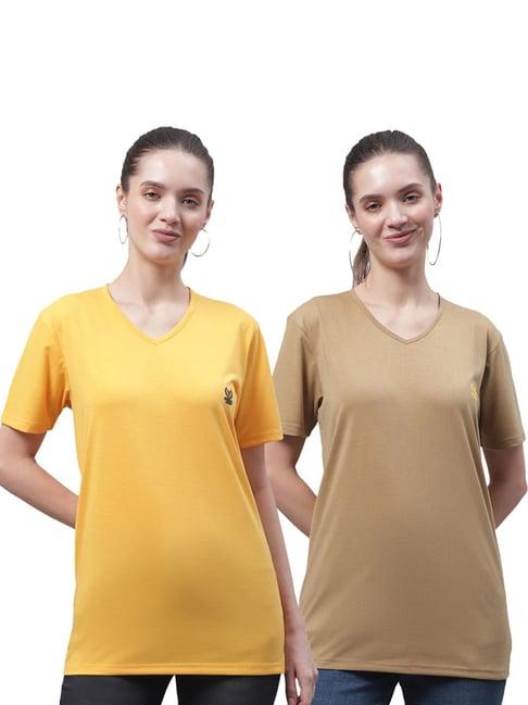 vimal jonney yellow & beige cotton logo t-shirt - pack of 2