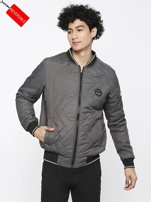 spykar charcoal straight fit mandarin collar reversible jacket