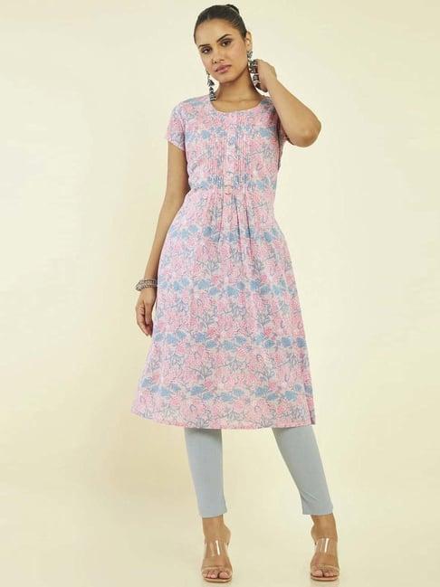 soch pink cotton printed a line kurta