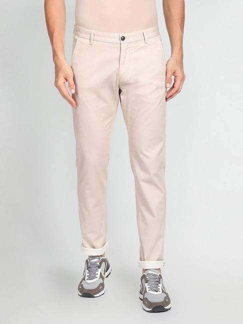 arrow sport light beige slim fit printed flat front trousers