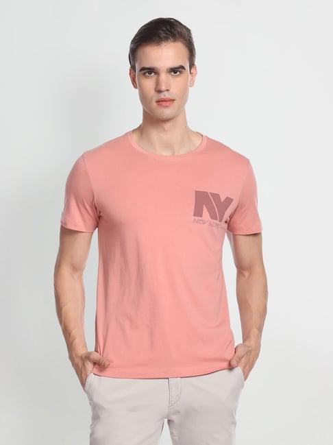 arrow new york dusty pink regular fit printed cotton crew t-shirt