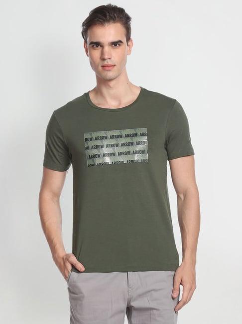 arrow new york green regular fit printed crew t-shirt