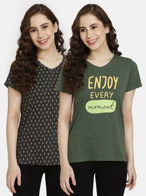 rosaline by zivame black & green printed t-shirts - pack of 2