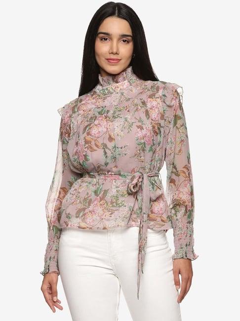 isu pink floral print high neck top