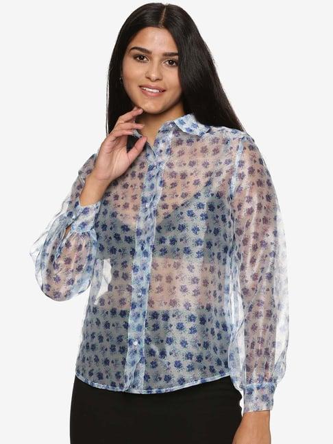 isu blue floral print shirt collar top