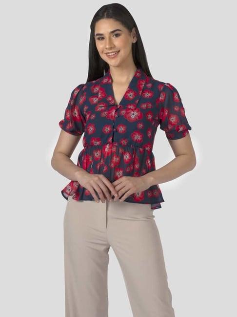 isu navy floral print shirt collar top