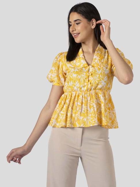 isu yellow floral print shirt collar top