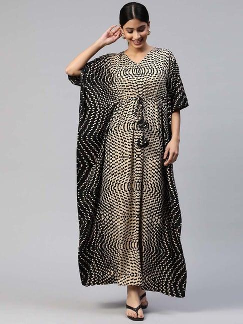 cottinfab beige & black abstract print maxi kaftan crepe dress