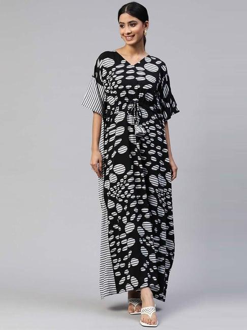 cottinfab black printed maxi kaftan crepe dress