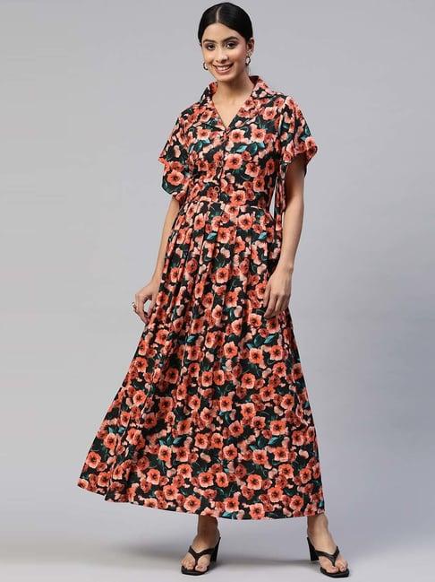 cottinfab rust & black floral print maxi crepe dress