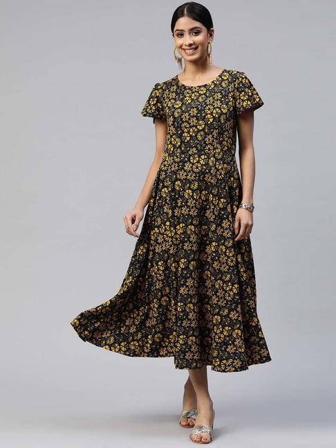 cottinfab black floral print a-line crepe dress