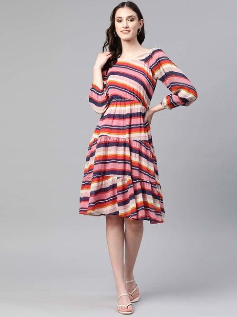 cottinfab multicolored striped a-line georgette dress