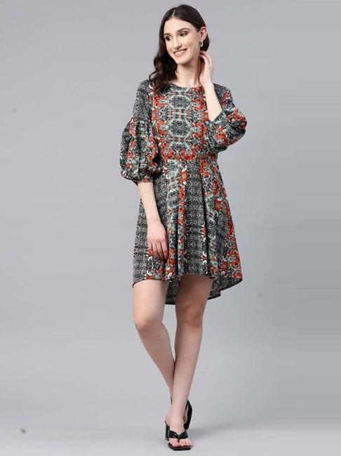 cottinfab green & black printed a-line crepe dress