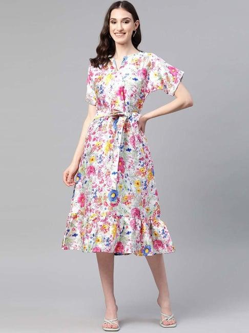 cottinfab white & pink floral print a-line silk blend dress