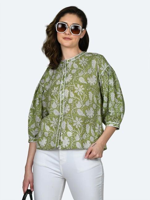 zink london olive & white cotton floral print shirt