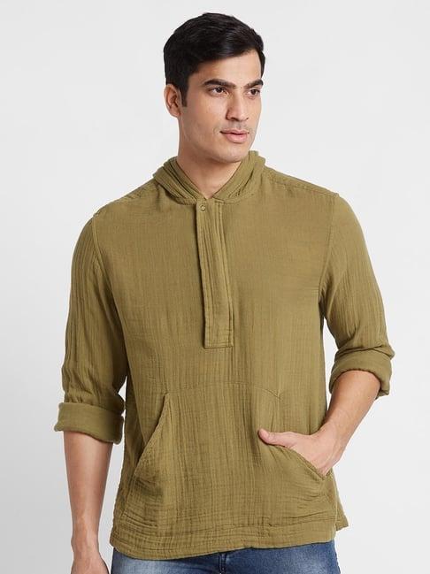 globus olive regular fit cotton hooded t-shirt