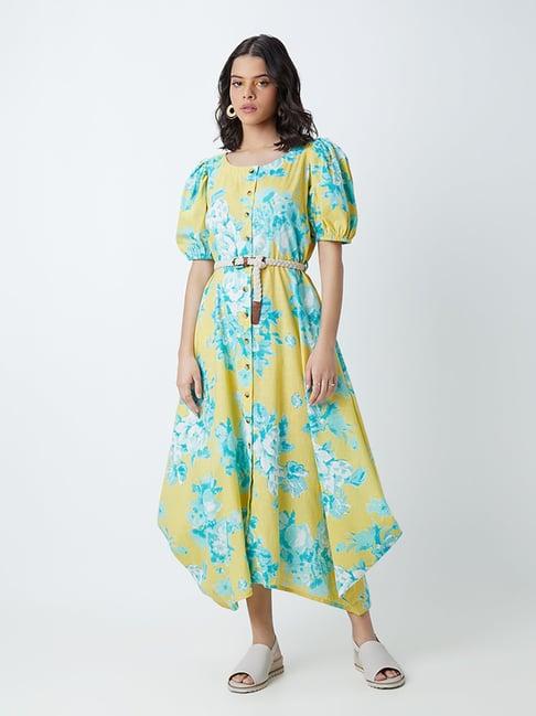 bombay paisley by westside yellow patterned dress with belt