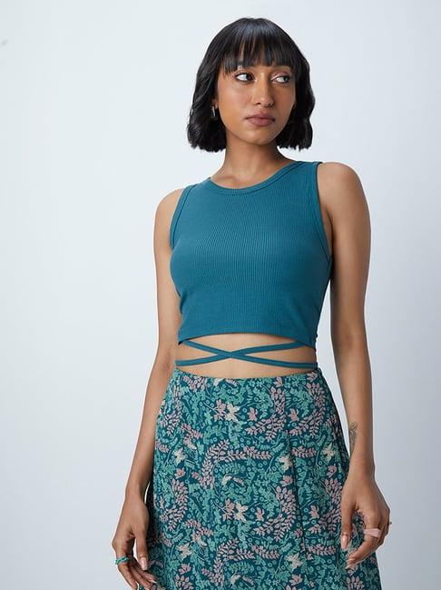 nuon by westside teal tie-up detailed top