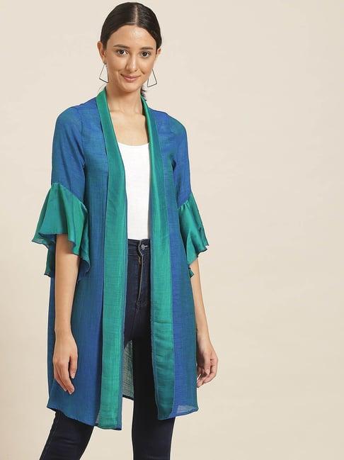 qurvii turquoise silk color-block shrug