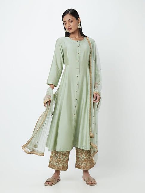 vark by westside light sage anarkali, ethnic pant, dupatta set