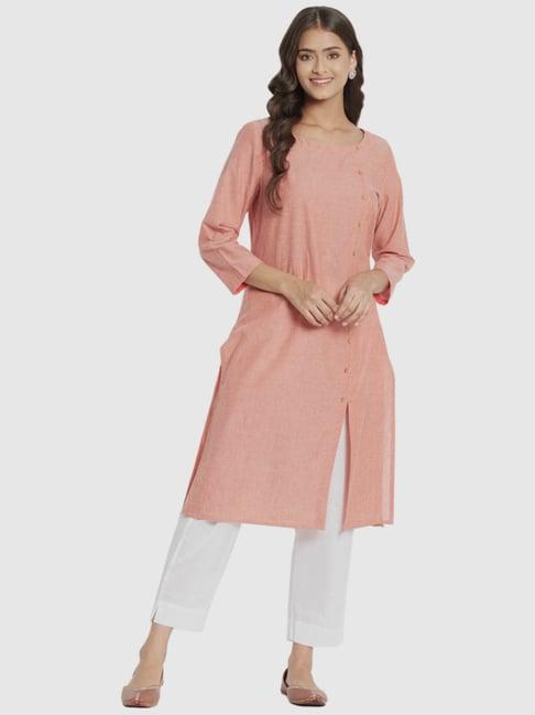 fabindia peach cotton straight kurta