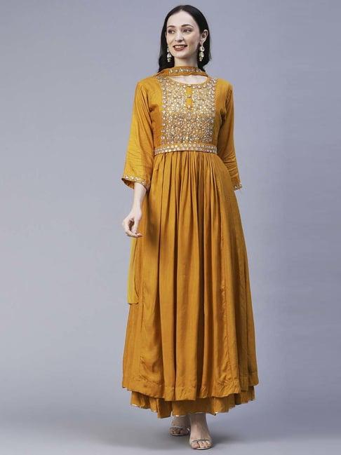 fashor mustard embellished maxi dress with dupatta & belt