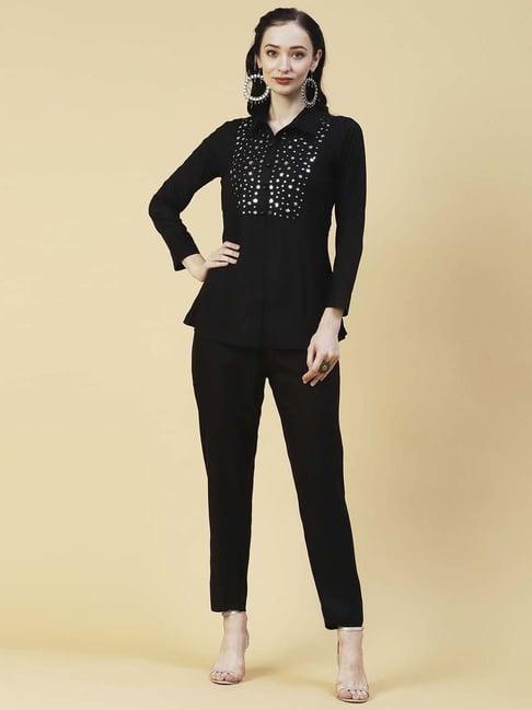 fashor black embellished tunic pant set