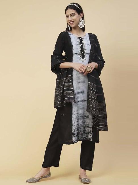 fashor black printed kurta pant set with dupatta