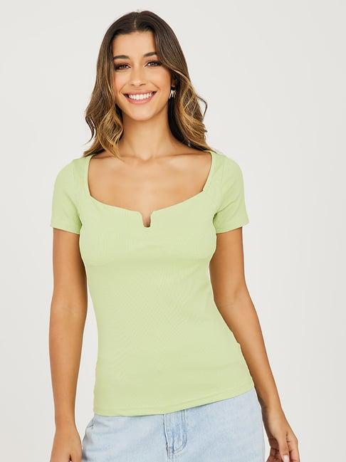 styli fitted sweetheart neck ribbed knit t-shirt