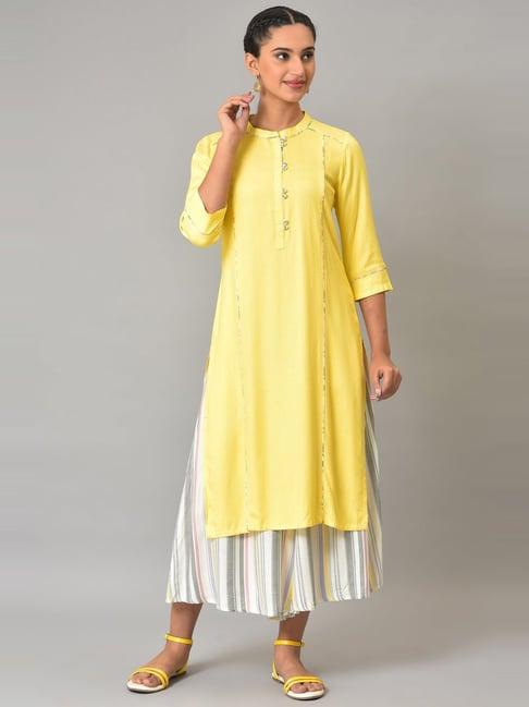 aurelia women yellow solid rayon kurta set with culottes