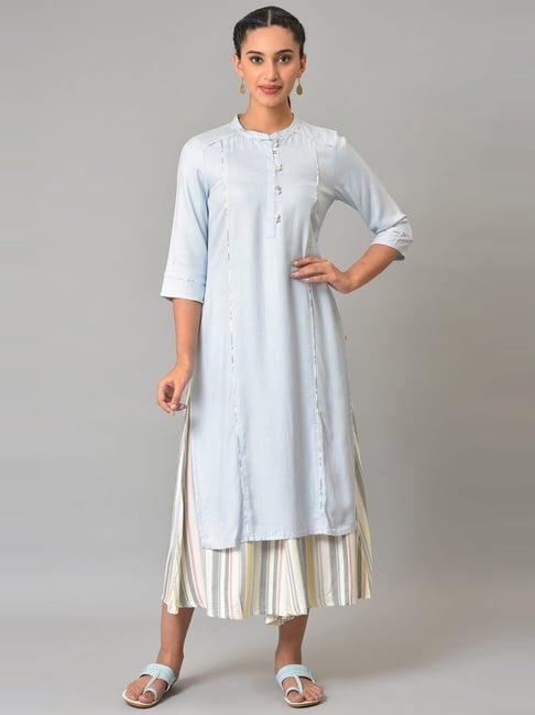 aurelia women blue solid rayon kurta set with culottes