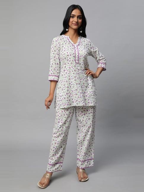 aurelia white cotton printed short kurti pant set