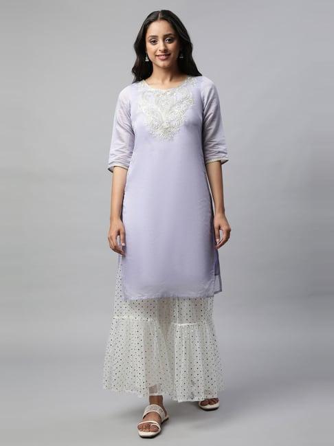 aurelia purple & white embroidered kurta palazzo set