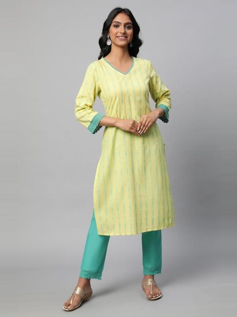 aurelia yellow & blue cotton embroidered kurta pant set