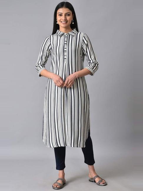 aurelia white & black printed straight kurta